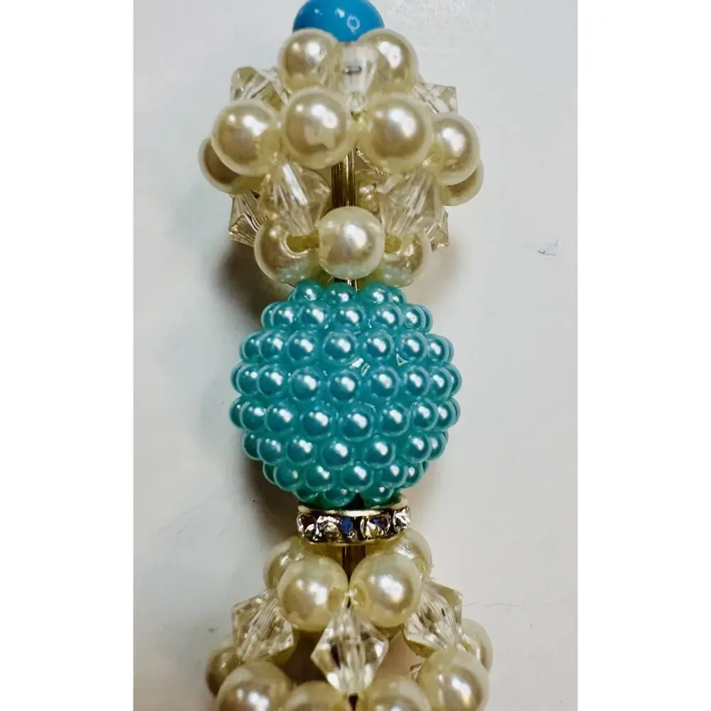 Vintage Handmade Blue Beaded Keychain – 6” Bag Charm with White Bubble Beads -vn